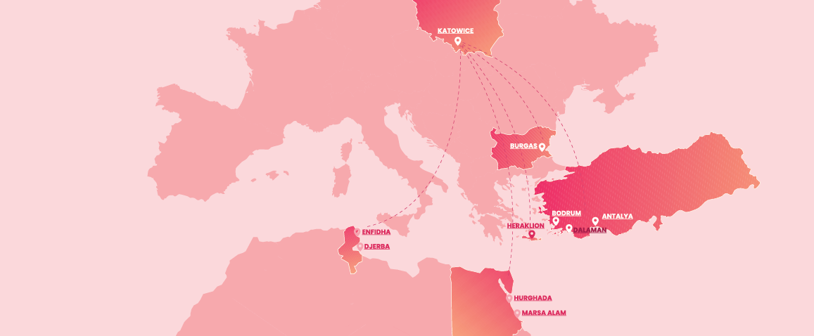 Mapa połączeń lotniczych biura Anex Tour z Katowice Airport
