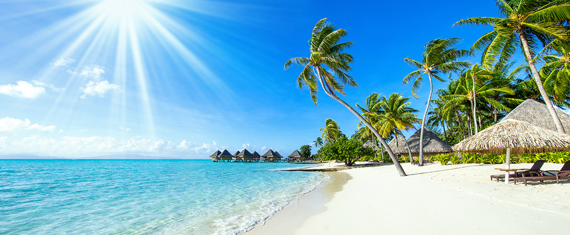 piaszczysta plaża z białym piaskiem, palmy i piekne słońce, Malediwy
