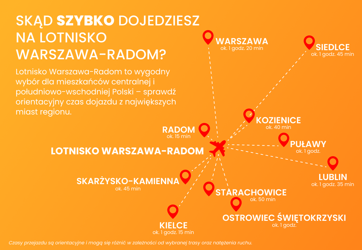 Mapa dojazdu na lotnisko Warszawa-Radom z Warszawy, Kielc, Lublina i okolic – wyloty Anex Tour do Turcji i Egiptu