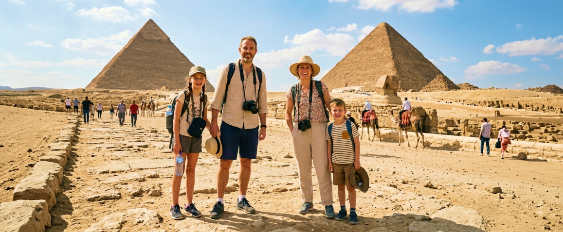 rodzina na tle piramid w Gizie, Egipt, Wielkanoc z biurem podróży Anex Tour