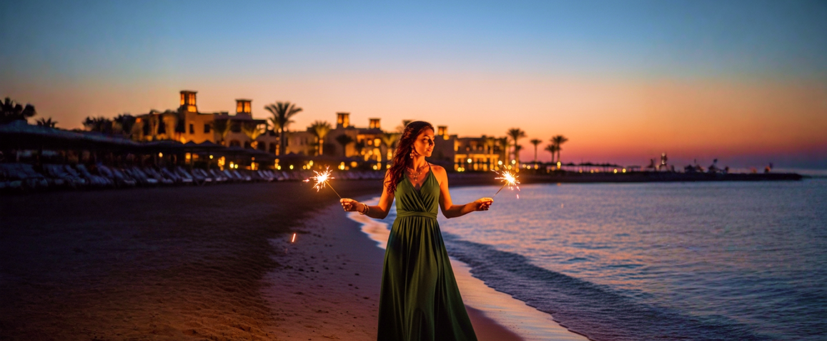 pani na plaży z zimnymi ognami w ręku, sylwester w Egipcie
